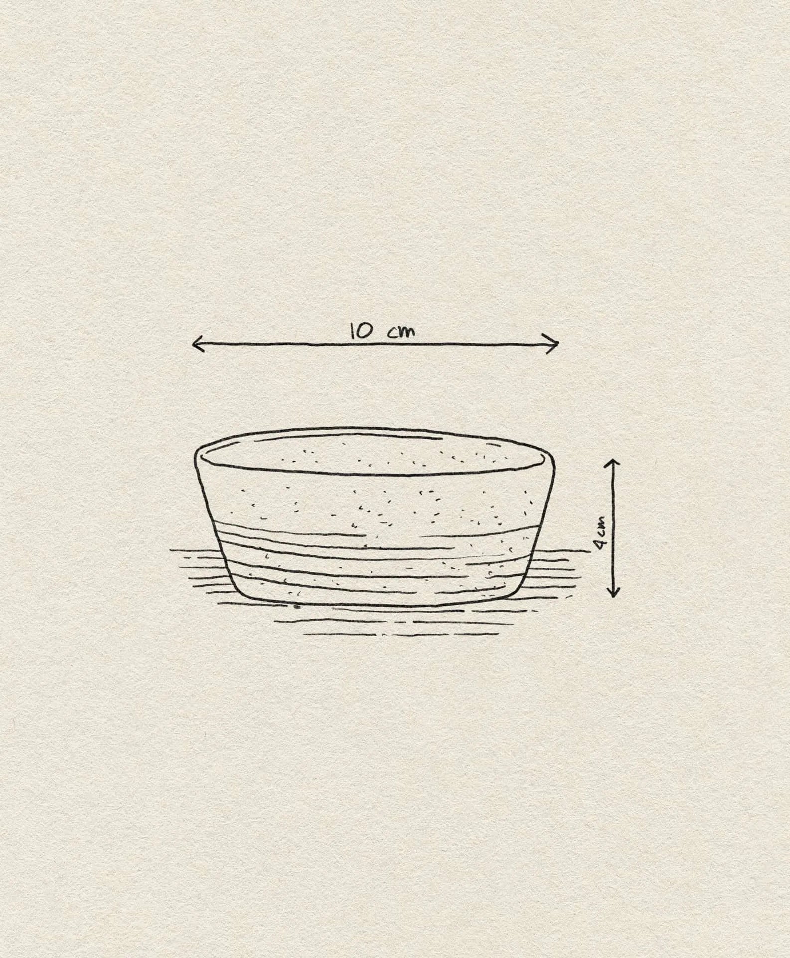 A minimalist sketch of the Bloomingville Taupe Snack Bowl shows horizontal shading lines and arrows noting its 10 cm diameter and 4 cm height, set on a beige textured background, with the Bloomingville brand labeled.