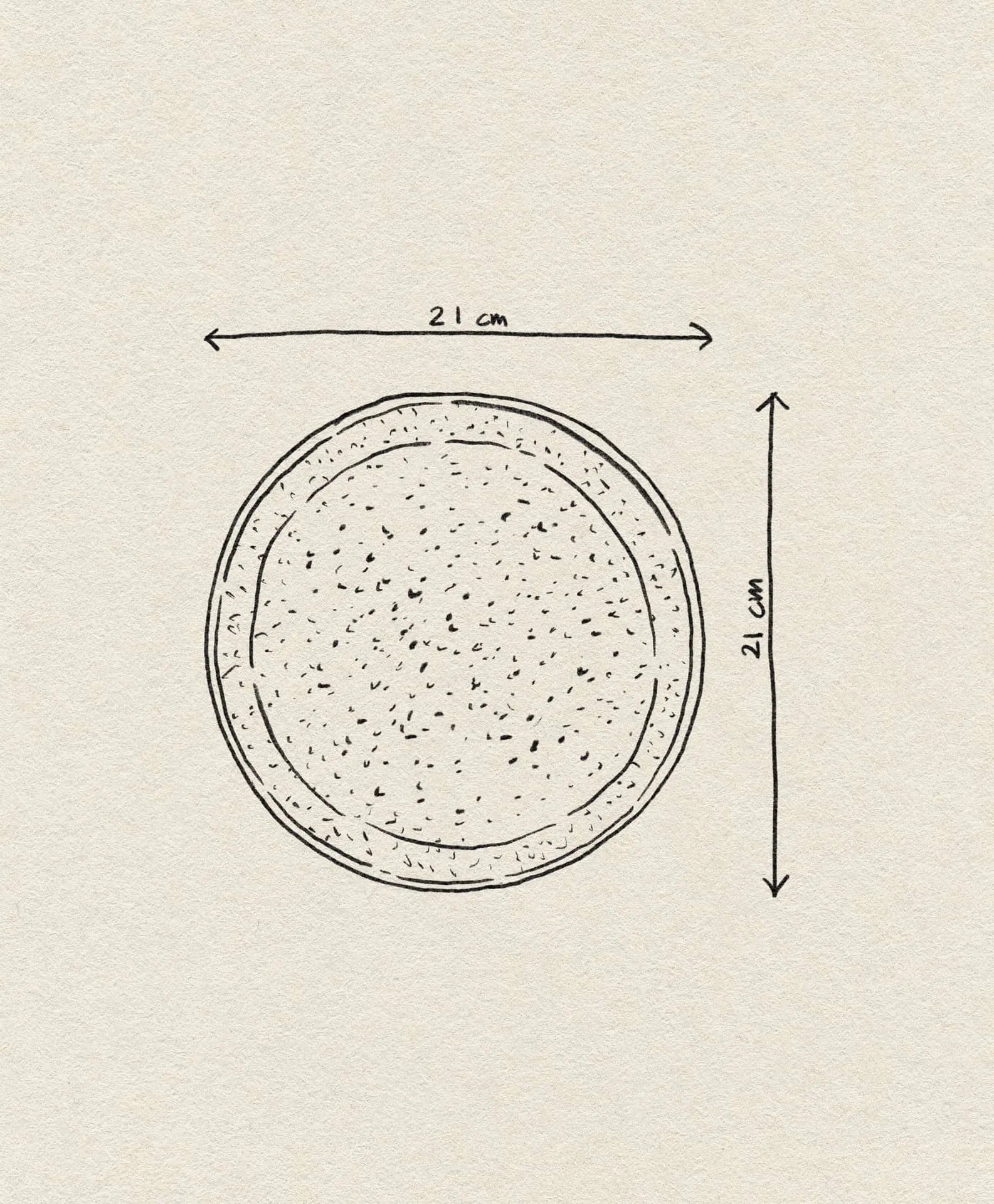 A line drawing of the Bloomingville Thea Plate, showing speckled stoneware details. Two arrows mark its 21 cm diameter across and down. The background is textured off-white.