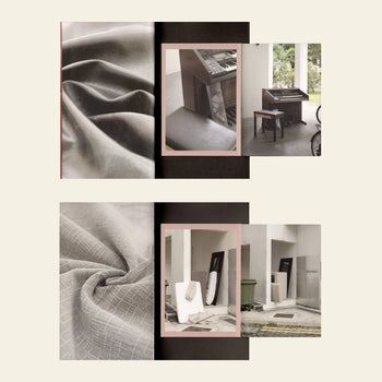 A collage for Bluetaped Refuse: A Dumpster Diving Craft Handbook by Wong Eng Geng (Bluetaped) showcases close-ups of rumpled gray fabric and upcycled furniture, like an organ and mattress, in minimalist spaces with neutral tones.