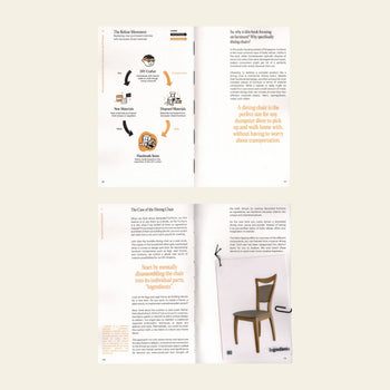A spread from Bluetaped Refuse: A Dumpster Diving Craft Handbook by Wong Eng Geng (Bluetaped) shows diagrams and text on dining chair history; a photo of a simple wooden chair labeled Ingredients highlights upcycling to curb furniture waste.