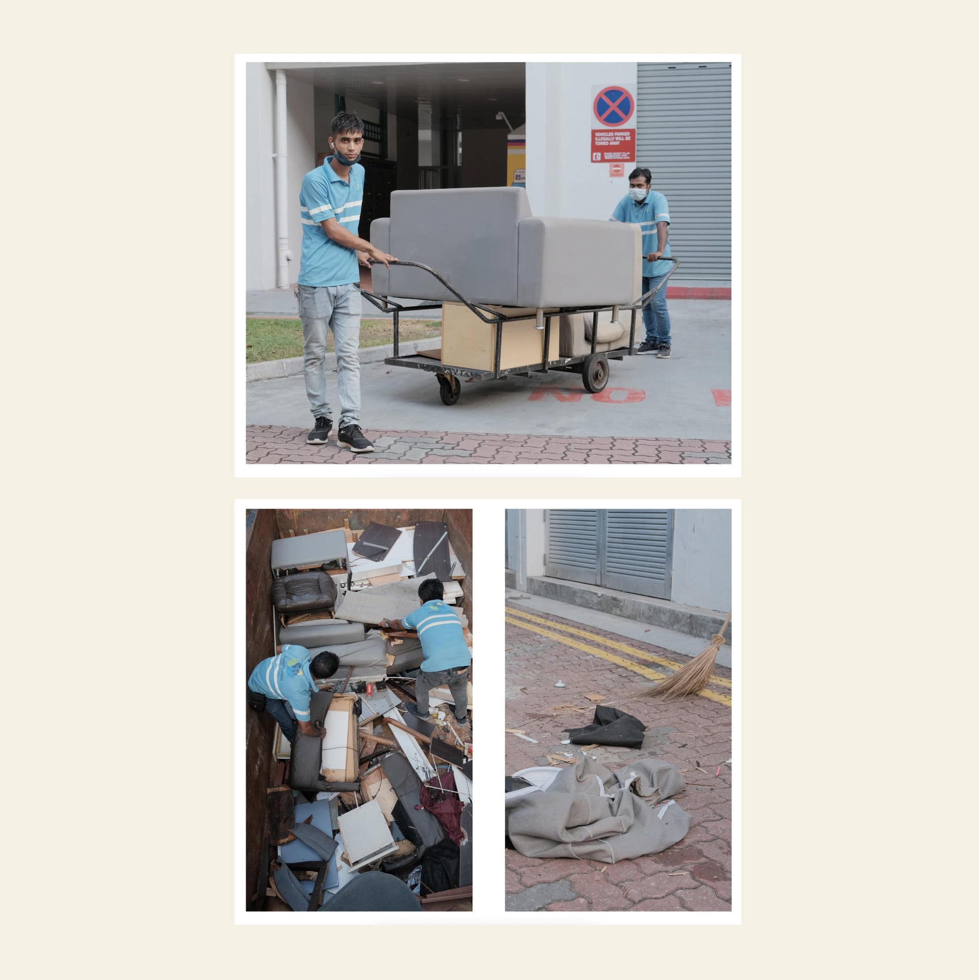 Three images: Scenes of sofa salvage and dumpster diving inspired by Bluetapeds Bluetaped Refuse: A Dumpster Diving Craft Handbook by Wong Eng Geng, featuring people reclaiming and repurposing discarded furniture.