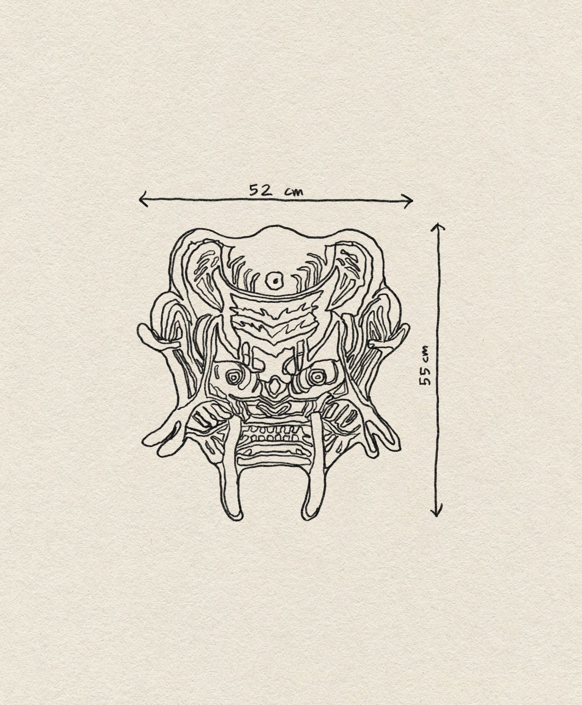Ornate line drawing of a fierce dragon mask with intricate patterns, inspired by the Bongusta Dragon Face Rug by Bongusta. Measurement arrows show 52 cm width and 55 cm height on a textured beige background like woven wool fibers.