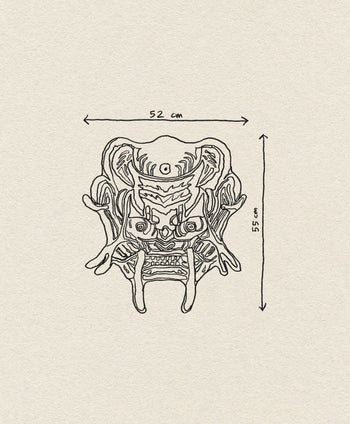 Ornate line drawing of a fierce dragon mask with intricate patterns, inspired by the Bongusta Dragon Face Rug by Bongusta. Measurement arrows show 52 cm width and 55 cm height on a textured beige background like woven wool fibers.