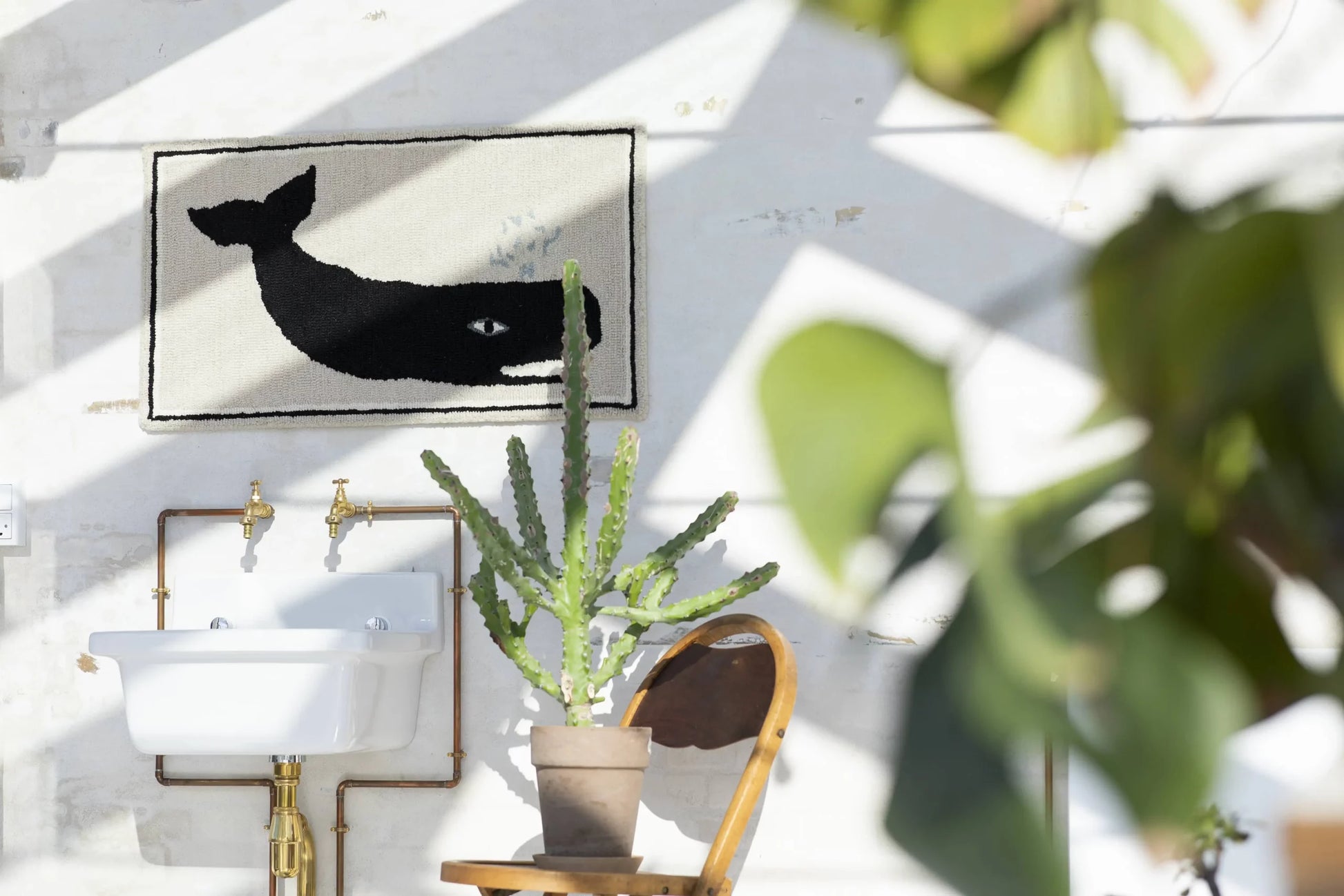 Sunlight streams into a bright room featuring a Bongusta Frame Rug by Bongusta, a white sink, wooden chair with potted cactus, and unique wall decor showing a black whale. Blurred green leaves appear in the foreground.