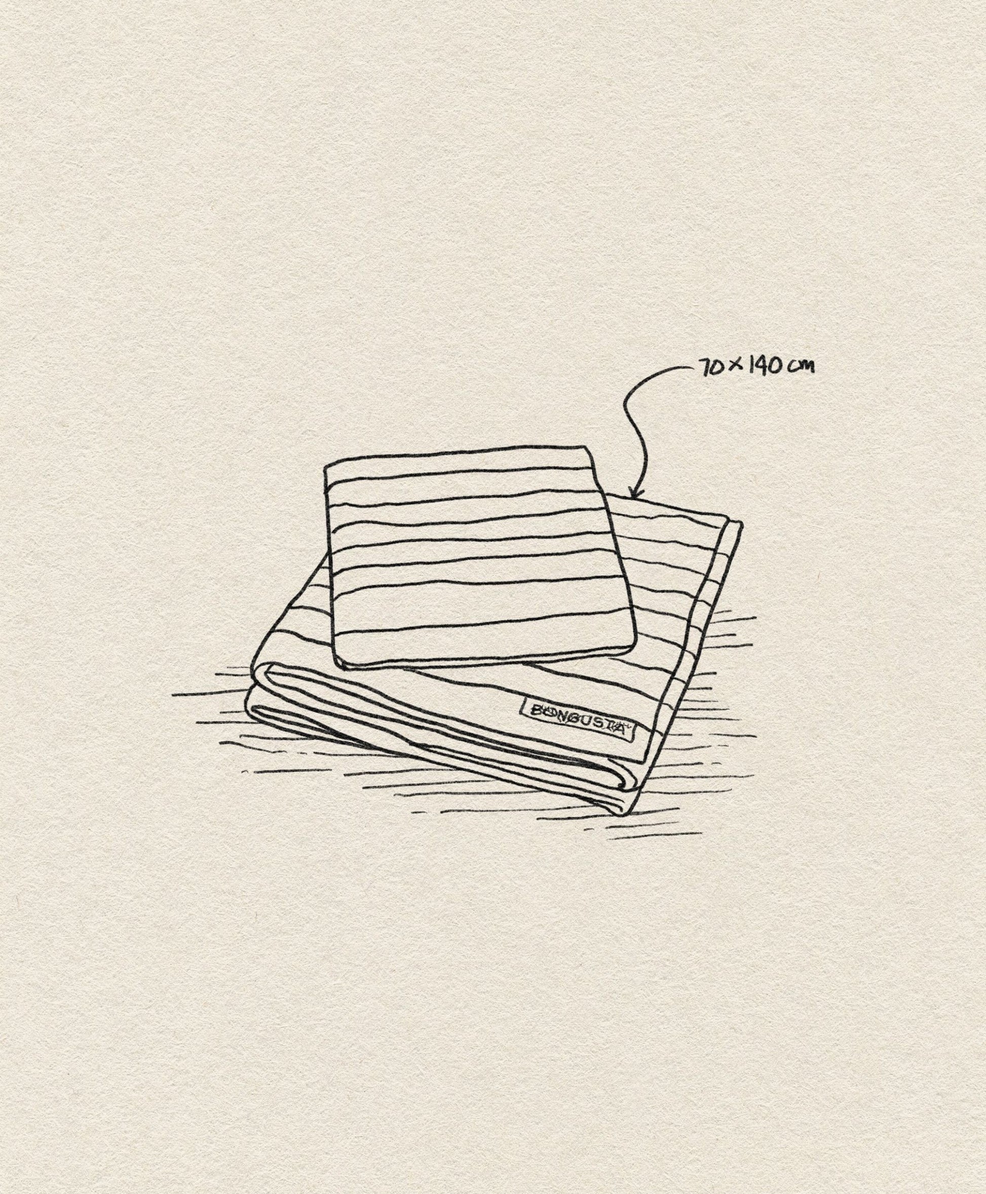 Line drawing of two folded Bongusta Naram Bath Towels, one stacked on the other. An arrow points to the top 70 x 140 cm towel with horizontal stripes and a small label, highlighting Oeko-Tex combed cotton by Bongusta.