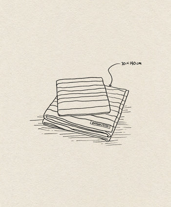 Line drawing of two folded Bongusta Naram Bath Towels, one stacked on the other. An arrow points to the top 70 x 140 cm towel with horizontal stripes and a small label, highlighting Oeko-Tex combed cotton by Bongusta.