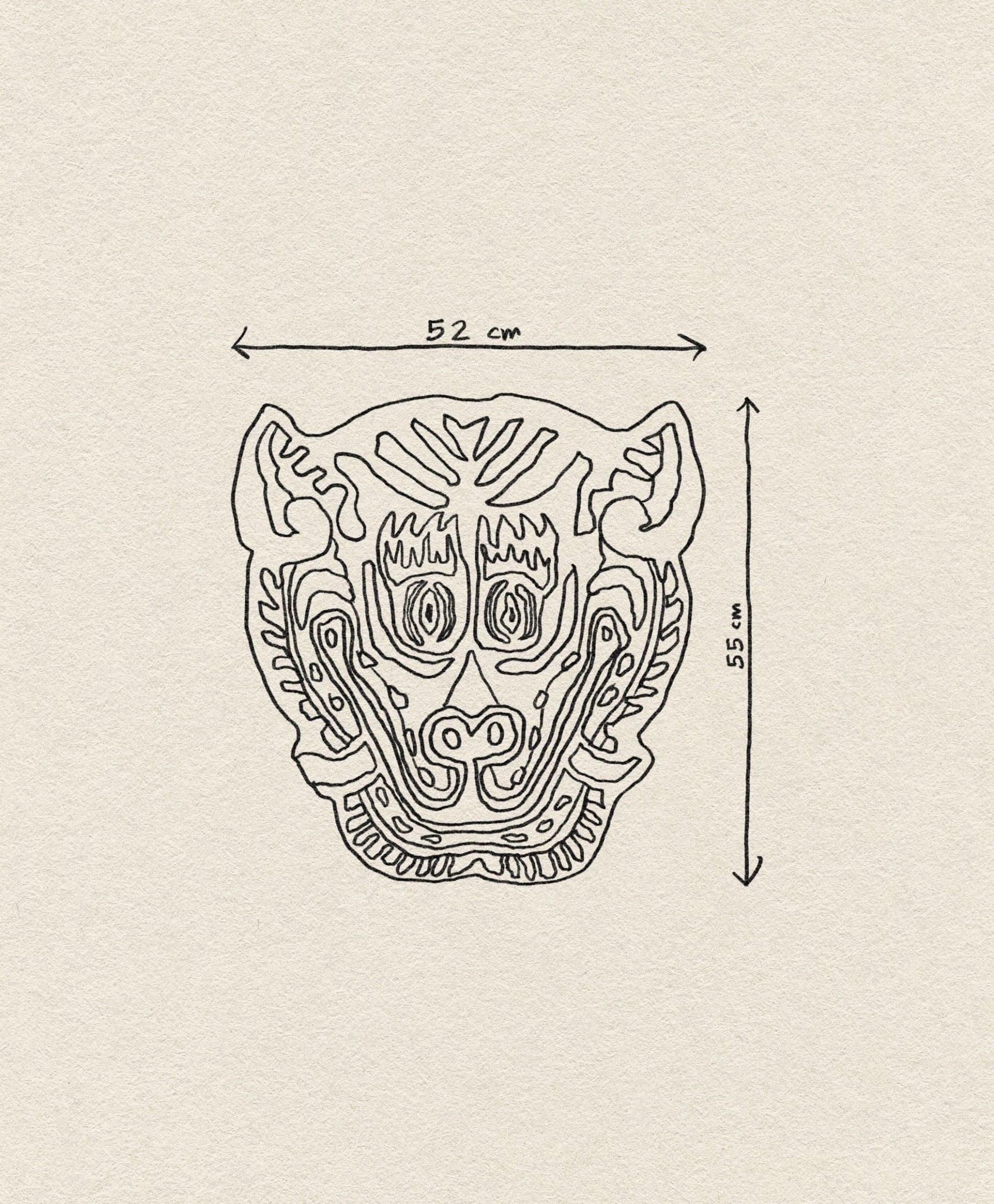 Line drawing of the Bongusta Tiger Face Rug by Bongusta, featuring bold animal-inspired patterns. Two arrows show its size: 52 cm wide and 55 cm tall, set against a textured beige background.