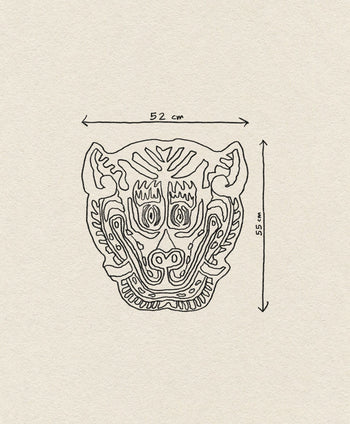 Line drawing of the Bongusta Tiger Face Rug by Bongusta, featuring bold animal-inspired patterns. Two arrows show its size: 52 cm wide and 55 cm tall, set against a textured beige background.