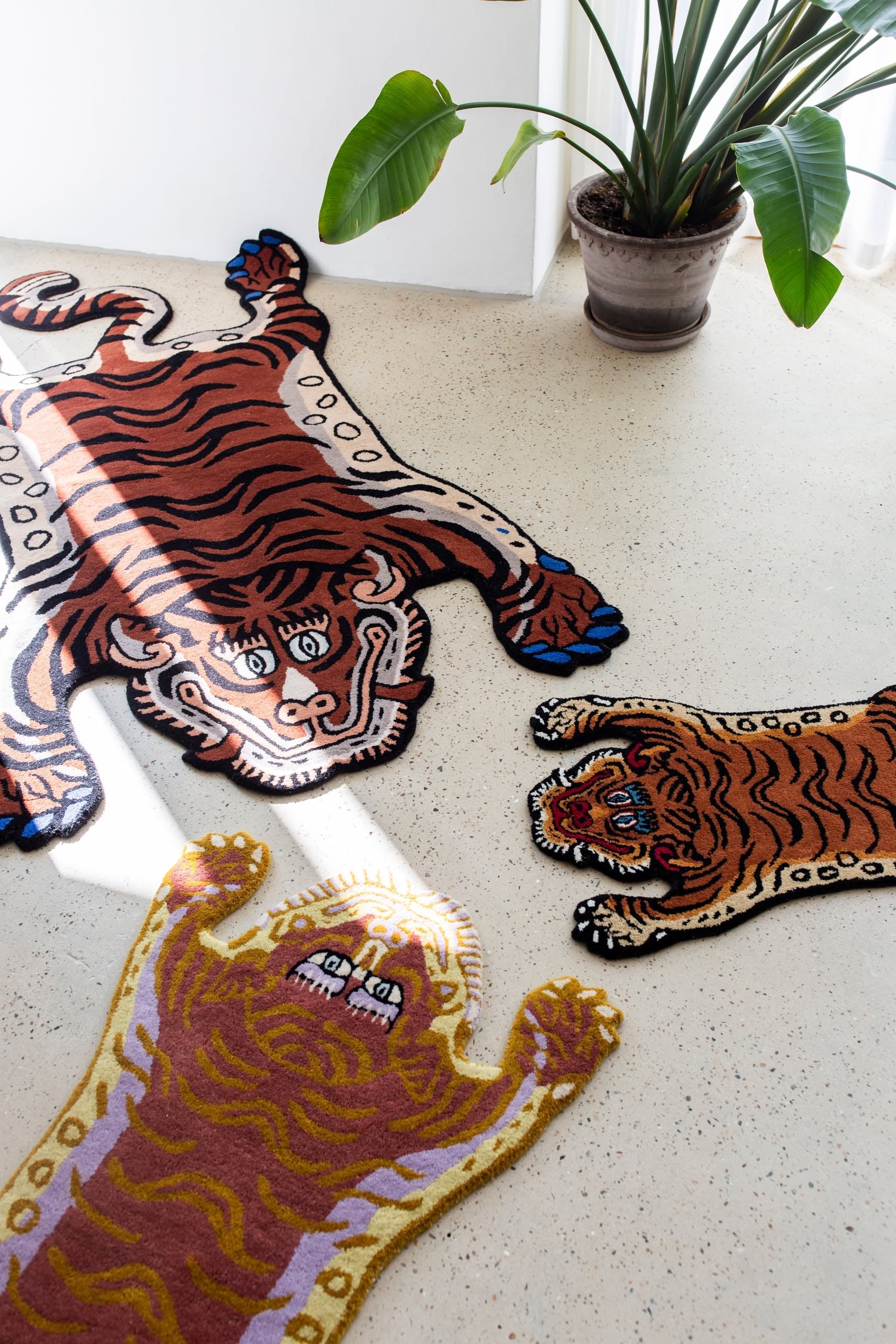 Three vibrant Bongusta Tigress Rugs (Small) by Bongusta are arranged on a speckled floor beside a potted green plant in a sunlit, bright room.