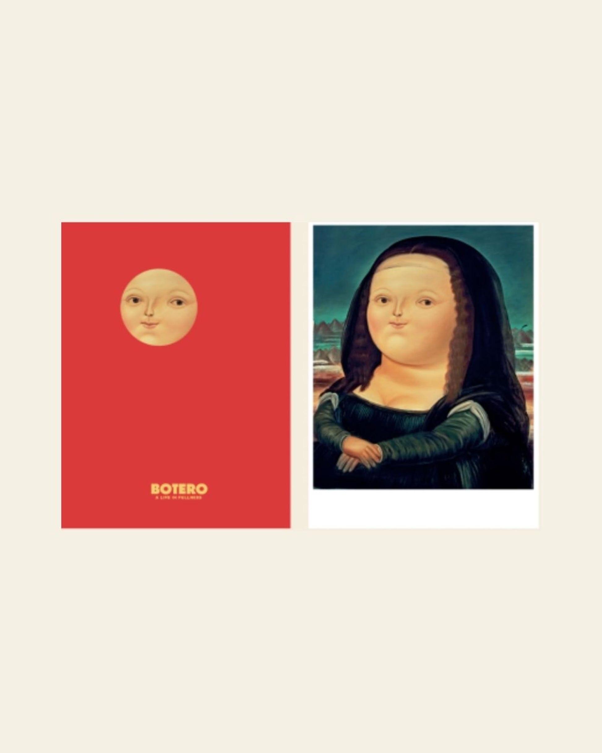 Certainly! Here’s a rewritten sentence using your product data: The Botero Mona Lisa Postcard by Botero features a vivid red background and a round-faced figure beside the iconic plump woman with folded hands, capturing Fernando Botero’s signature style inspired by the Mona Lisa.
