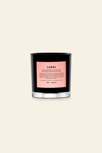 The Boy Smells Lanai Scented Candle 8.5oz features a black glass vessel with a bold pink label, set against a light background, and offers an exotic, island-inspired coconut fragrance.