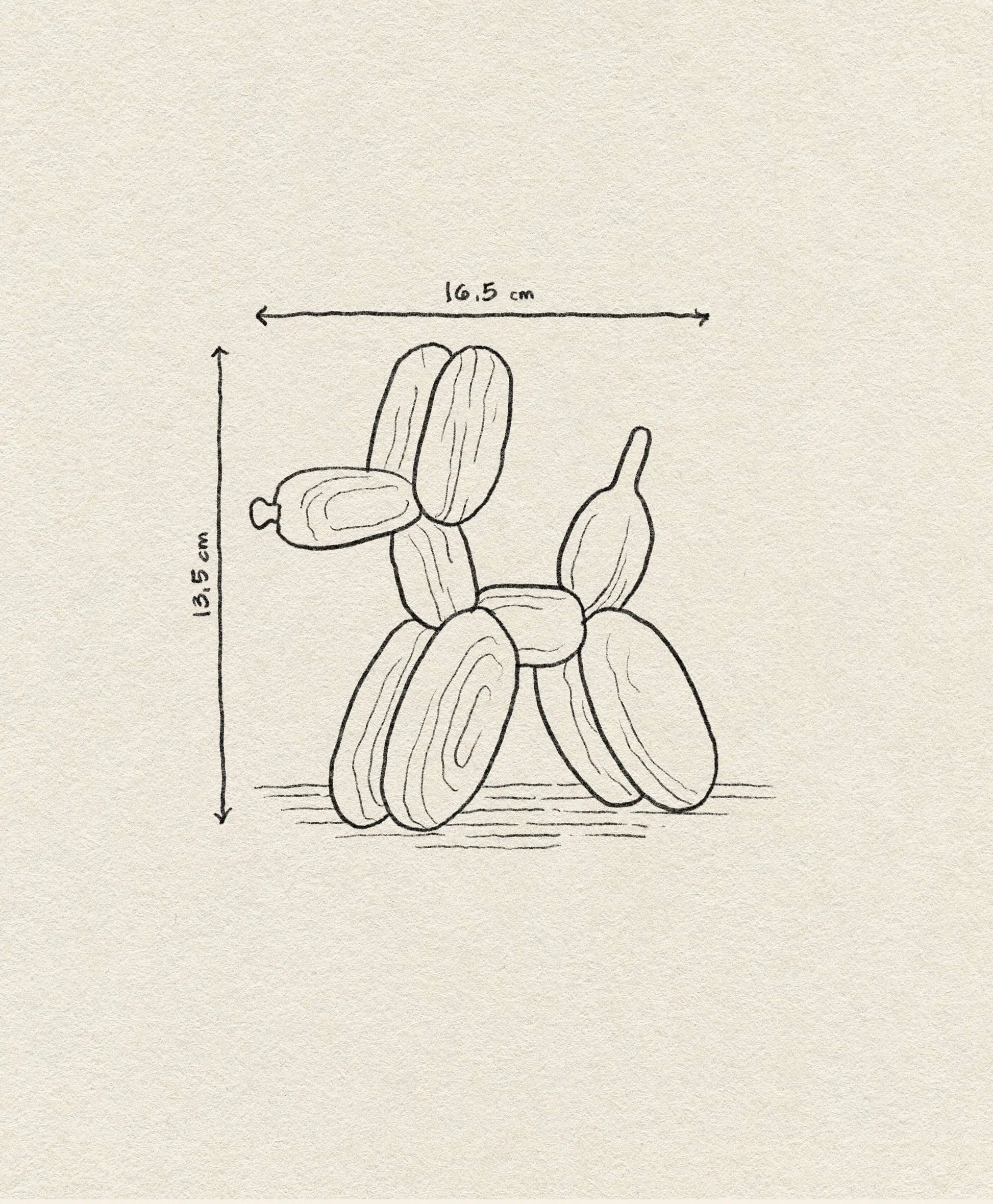 The Boyhood Ballon Dog Small by Boyhood features a simple line drawing inspired by whimsical fantasy animals, with dimensions 16.5 cm wide and 13.5 cm tall, set against a textured beige background.