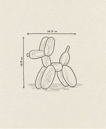 The Boyhood Ballon Dog Small by Boyhood features a simple line drawing inspired by whimsical fantasy animals, with dimensions 16.5 cm wide and 13.5 cm tall, set against a textured beige background.