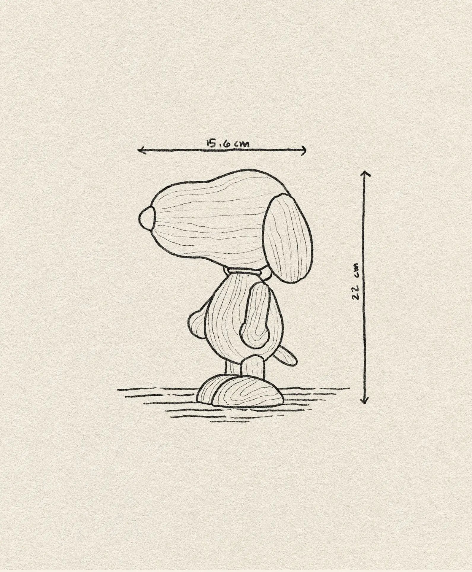 Line drawing of Boyhood Snoopy Large by Boyhood, resembling the cartoon dog from Charlie Brown. Measures 15.6 cm wide x 22 cm tall on textured paper with arrows marking its larger dimensions.