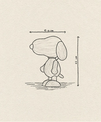 Line drawing of Boyhood Snoopy Large by Boyhood, resembling the cartoon dog from Charlie Brown. Measures 15.6 cm wide x 22 cm tall on textured paper with arrows marking its larger dimensions.