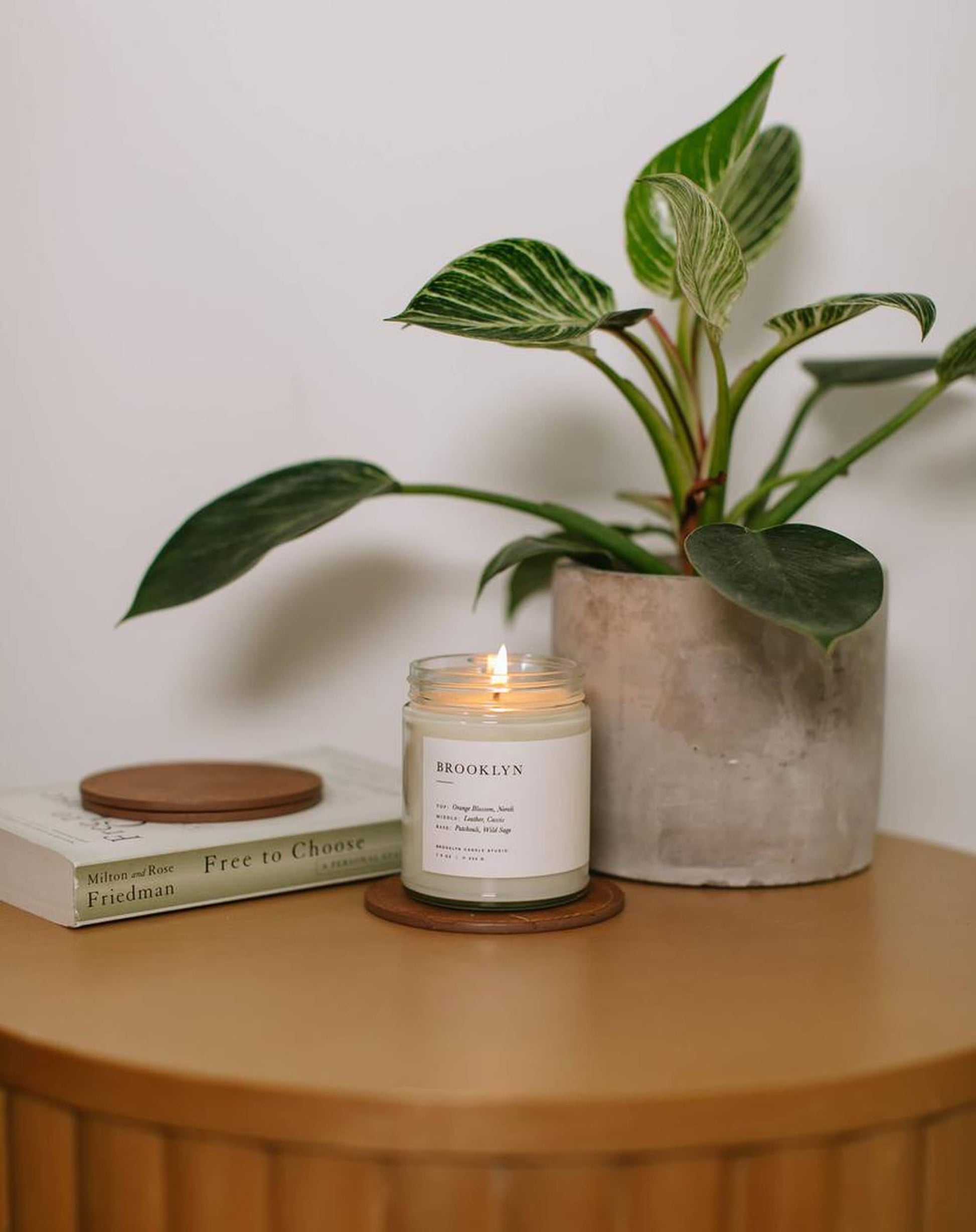 The Brooklyn Candle Studio Brooklyn Jar Candle rests on a coaster beside a potted plant and two stacked books on a wooden table, creating a timeless scene against a plain white wall.