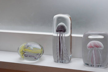 Three DETAIL Jellyfish Twisted Leg Square sculptures by DETAIL, featuring abstract yellow, purple, and pink jellyfish designs, are displayed on a white windowsill against a frosted window—ideal for modern décor.