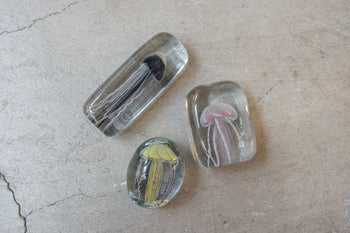 The DETAIL Jellyfish Twisted Leg Square paperweights by DETAIL feature black, pink, and yellow jellyfish designs in clear glass, adding modern flair to any space. Displayed on cracked concrete, they offer unique visual appeal.