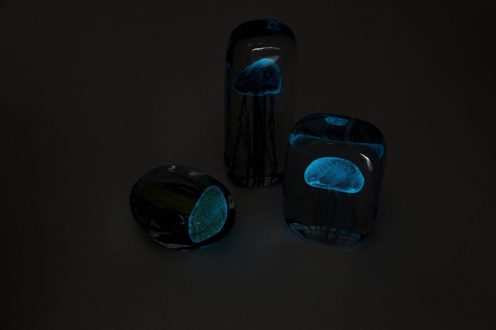 The DETAIL Jellyfish Twisted Leg Square by DETAIL features glowing blue jellyfish designs in clear glass, creating striking modern décor and showcasing the beauty of this unique glass sculpture.