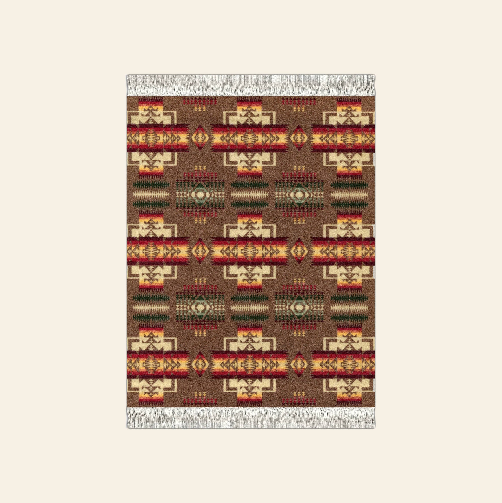 The DETAIL Mouse Rug Chief Joseph by DETAIL is a rectangular woven rug with fringed edges, showcasing a Southwestern geometric pattern in brown, red, beige, and green on a light background.