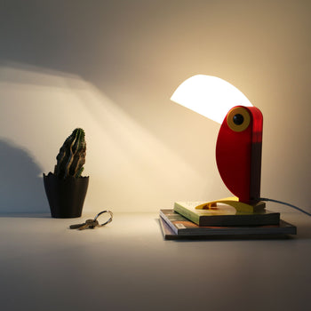 A small cactus in a black pot, a set of keys, and a stack of books rest on the desk. The DETAIL Toucan Lamp by DETAIL sits atop the books, its vintage charm and bright light casting playful patterns on the wall.