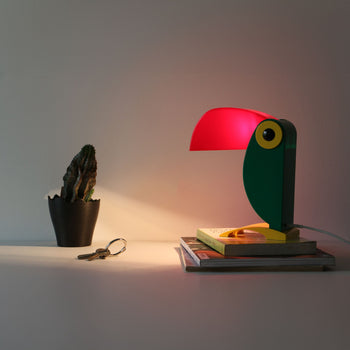 A desk with vintage charm: a black potted cactus, a set of keys, and books topped with the DETAIL Toucan Lamp by DETAIL casting a soft red glow.