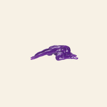 A shiny, purple abstract figure reminiscent of the DETAIL Yoga Joes 9 Figures by DETAIL is posed kneeling and forward-bending on a plain light beige background, with a fluid, melting human-like shape.