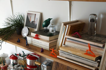 A wooden shelf holds stacked books, a framed photo, a clock, a green bird figurine, DETAIL Yoga Joes 9 Figures by DETAIL, a potted plant, and various kitchen items on the lower shelf.