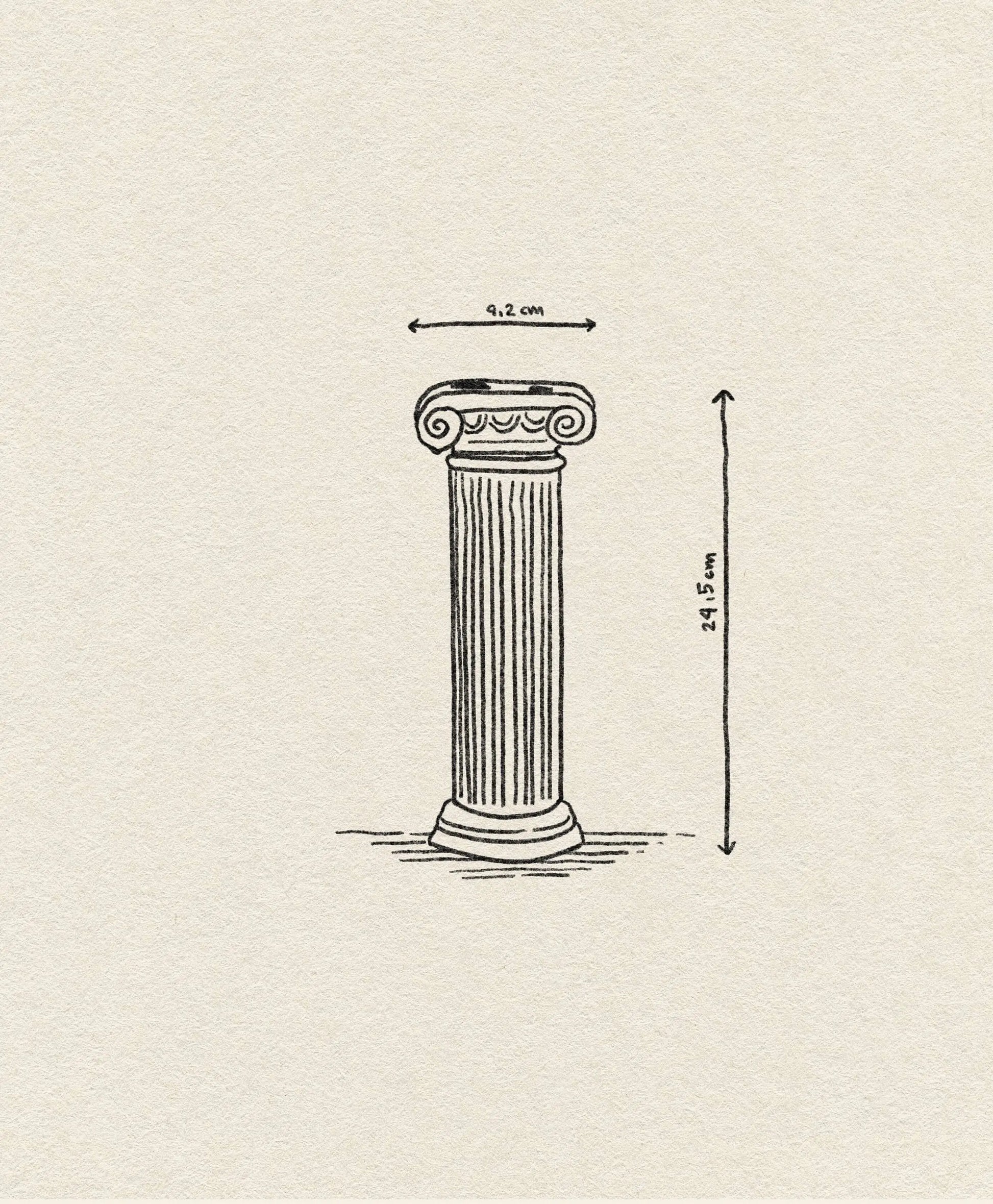 A sketch of a Greek Ionic column with fluted details and a scroll-like capital, labeled 9.2 cm wide and 24.5 cm tall, sits against textured paper reminiscent of the DOIY Athena Vase by DOIY.