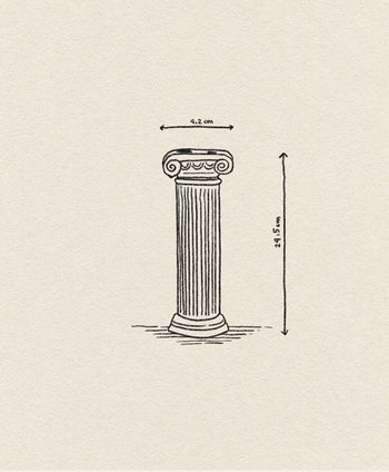 A sketch of a Greek Ionic column with fluted details and a scroll-like capital, labeled 9.2 cm wide and 24.5 cm tall, sits against textured paper reminiscent of the DOIY Athena Vase by DOIY.