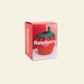 The DOIY Farmers Market Raspberry Vase by DOIY comes in a striking red box with Raspberry in bold white letters, featuring the large green-stemmed vase against a light beige backdrop for a vibrant home decor touch.