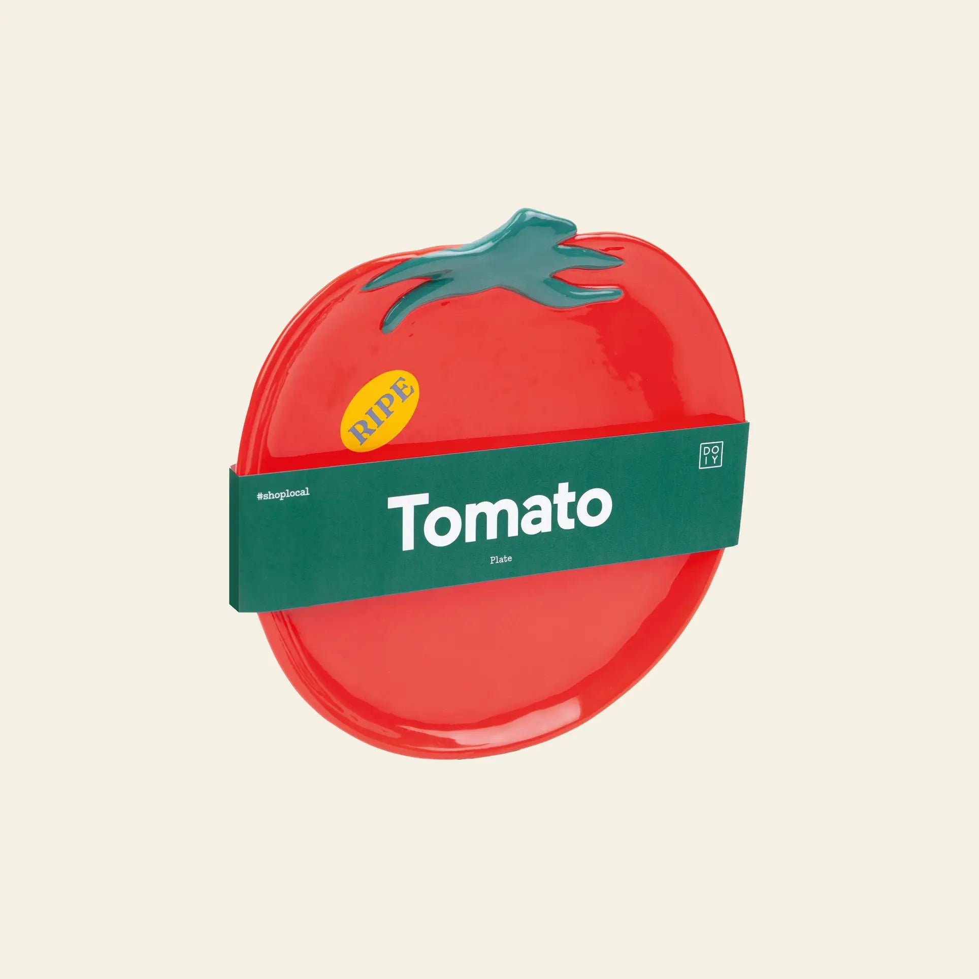 Add playful style to your table with the DOIY Farmers Market Tomato Plate. Shaped and painted like a red tomato with a green stem, it features a Tomato band and RIPE sticker—a vibrant design from DOIY.