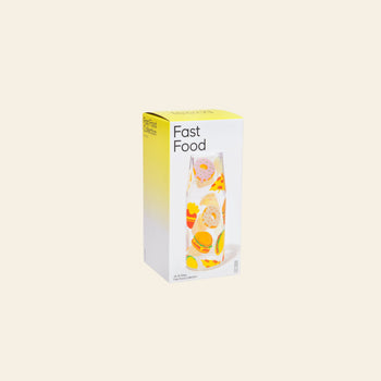 The DOIY Fast Food Jar & Glass Set from Stacked Store features a rectangular box with a yellow and white design, labeled "Fast Food" and decorated with illustrations of burgers, fries, and pizza.