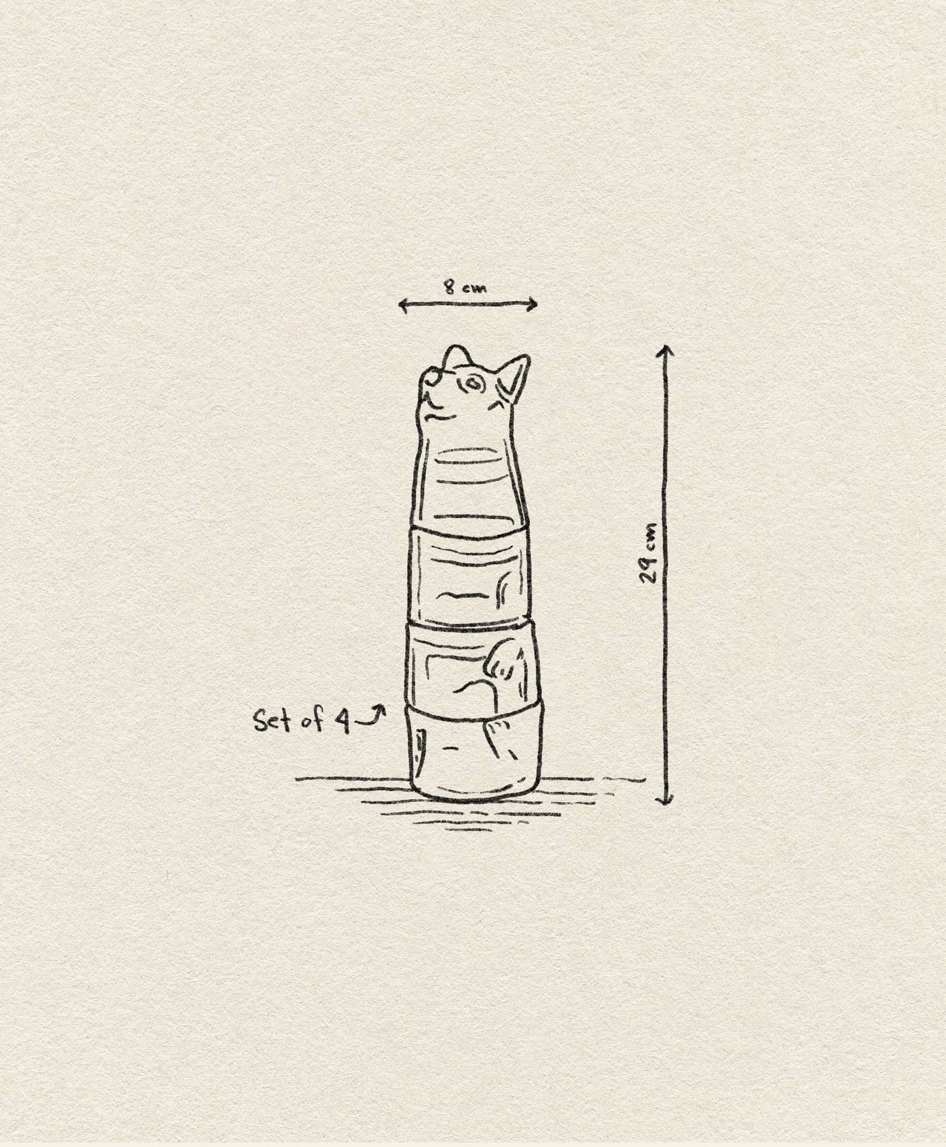 A line drawing of DOIY Kitty Glasses, Set of 4, shows four stackable animal-shaped containers forming a tall figure, labeled 8 cm wide and 29 cm tall. The top container resembles kitty glasses for charming decorative pieces. Brand: DOIY.