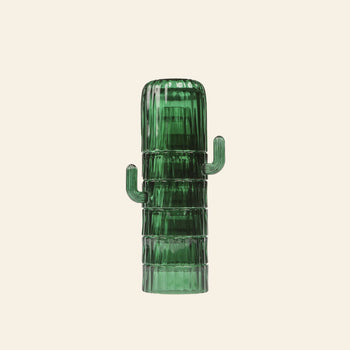 The DOIY Saguaro Glasses, Set of 6 by DOIY features green glass containers shaped like saguaro cacti with ribbed textures and small arms—ideal for adding unique style to your home decor.