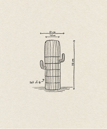 Simple line drawing of DOIY Saguaro Glasses, Set of 6, shaped like a saguaro cactus with two arms. Measures 13.2 cm tall by 7.2 cm wide (top label shows 10 cm). Drawing on textured paper—ideal for home decor or as stackable glasses.