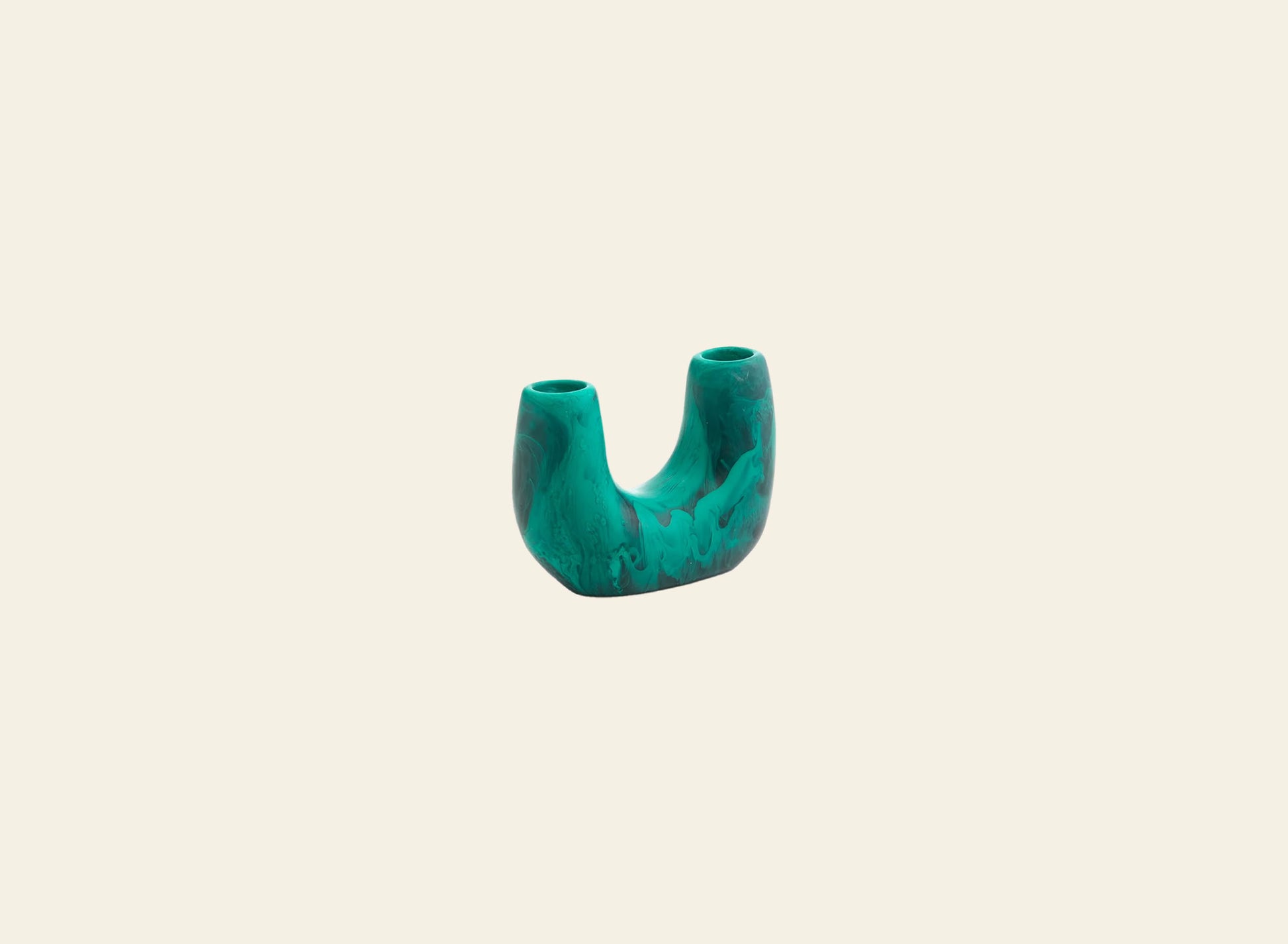 The Dinosaur Designs Mini Branch Vase features a glossy green marbled finish with two upward-facing openings, from the Branch Vase collection, and is shown against a plain off-white background.