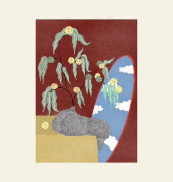 Dirtydoodies Epiphany, Print by Dirtydoodies features an abstract potted plant with green leaves and yellow flowers next to an oval mirror reflecting a blue sky, all set against a vibrant red and beige backdrop.