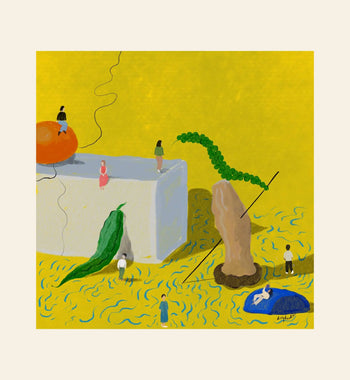 The Dirtydoodies Still Life Real Life Print by Dirtydoodies depicts little people with oversized tofu, green chili, orange, bean pod, and an abstract hand on a vivid yellow wavy background for a surreal touch.