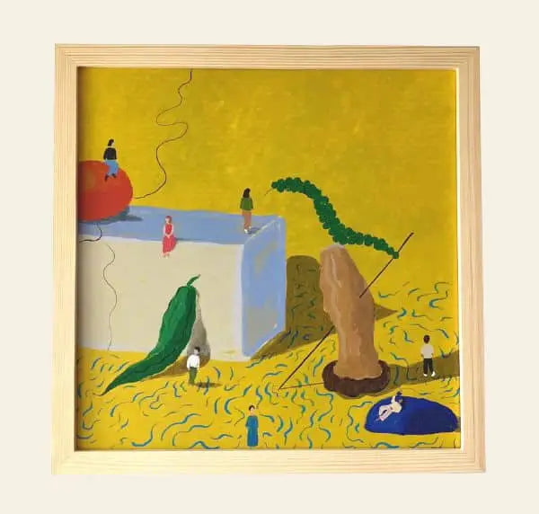 The Dirtydoodies Still Life Real Life print by Dirtydoodies features little people interacting with oversized objects—a tomato, blue box, green pepper, and abstract shapes—set against a textured yellow background.