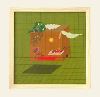 The Dirtydoodies Room of Ones Own print features framed art of a grid-patterned green room with a sunlit space, where a person lies on a bed amid surreal indoor and outdoor elements like clouds, TV, and plants.
