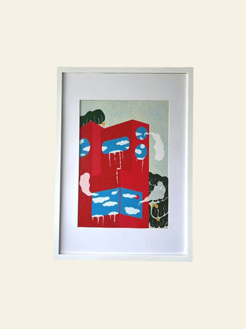 Dirtydoodies The Building; Somewhere, Print by Dirtydoodies features a red abstract building with blue and white shapes, framed by dark green trees and pale clouds on a light background—evoking the mystery of a hidden glasshouse.