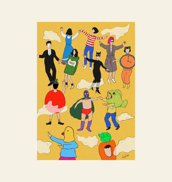 A vibrant Dirtydoodies Then Why All This Music print features quirky characters—a Milo packet, clock, frog, and carrot—dancing among clouds on yellow, inspired by music’s joy and the whimsical poetry of Gregory Orr.