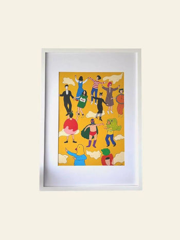 Dirtydoodies Then Why All This Music, Print by Dirtydoodies showcases whimsical, colorful figures dancing joyfully on a sunny yellow background with clouds, capturing spirited and playful energy in a cartoon-like style.
