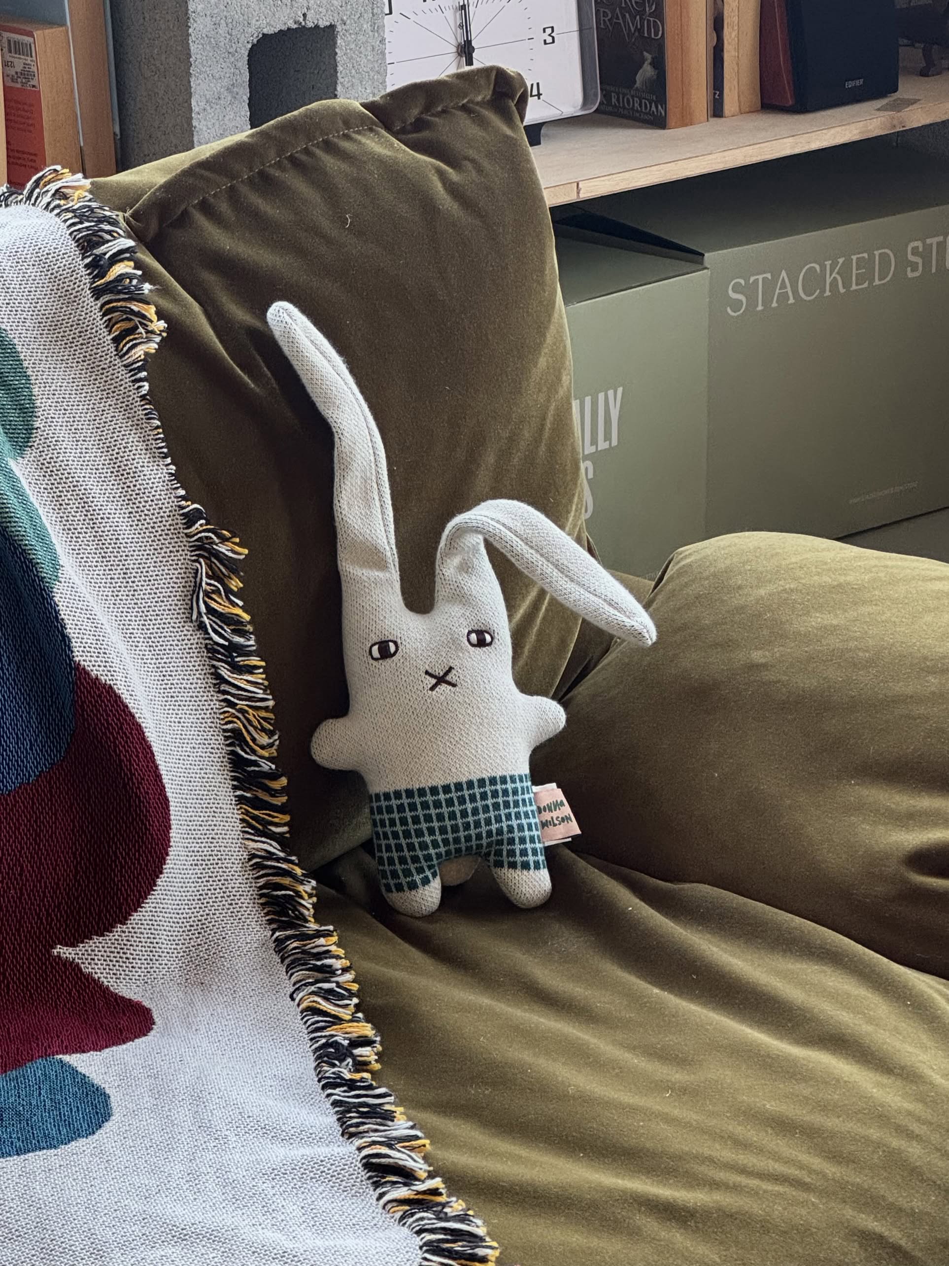 The Donna Wilson Wee One - Bonnie Bunny, a hand-embroidered stuffed bunny by Donna Wilson in blue checkered shorts, sits on a green couch beside a fringed patterned blanket. Shelves and boxes can be seen in the background.
