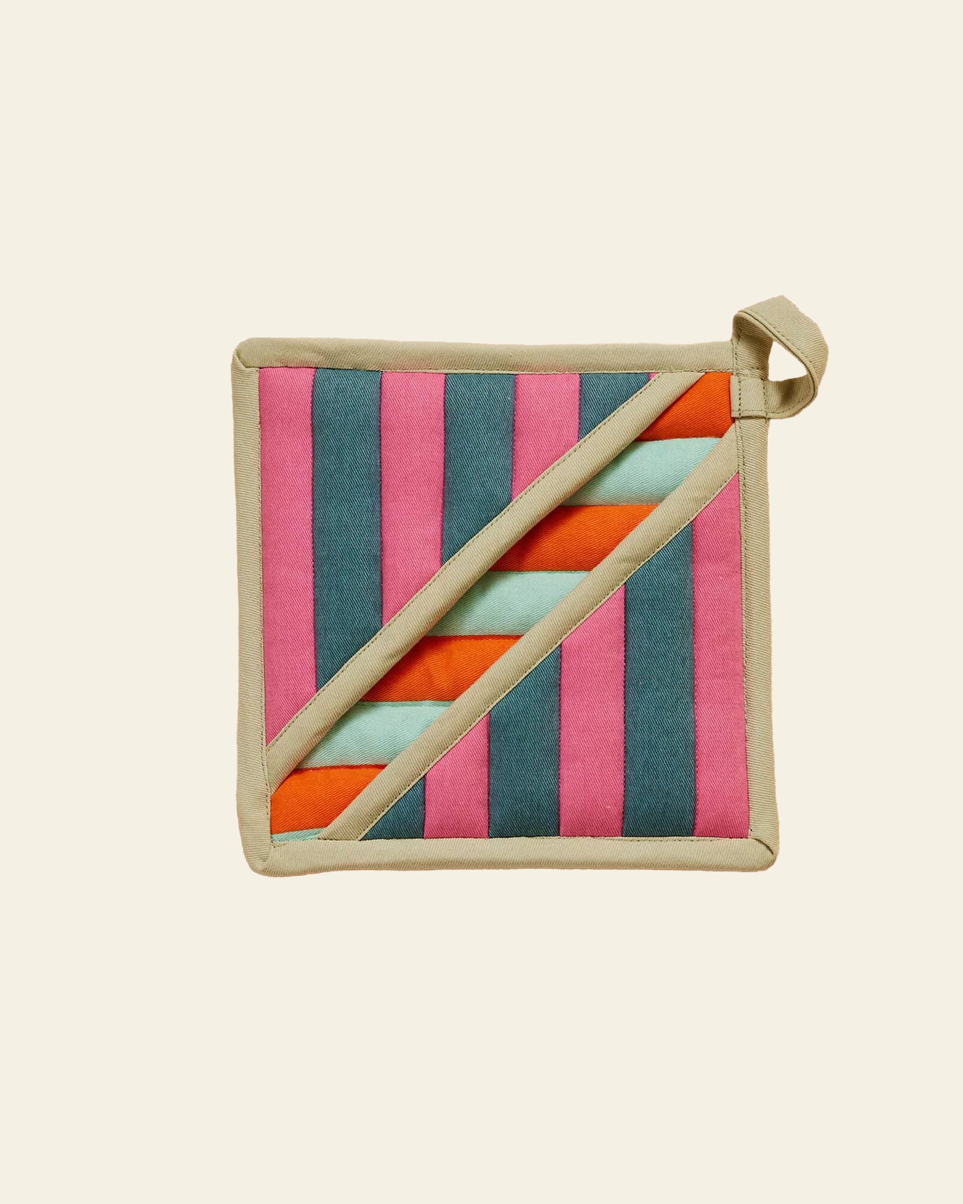 The Dusen Dusen Pocket Pot Holder by Dusen Dusen is a heat-resistant square kitchen accessory with diagonal and vertical stripes in pink, teal, orange, and light blue, beige trim, and a top right hanging loop.