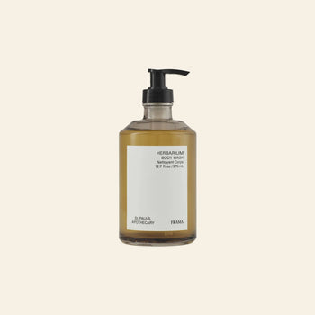A clear pump bottle of amber FRAMA Body Wash, 375ml, is displayed against a plain beige background.