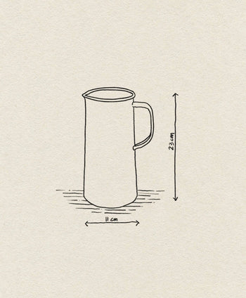 A simple line drawing of the Falcon Enamelware 3 Pint Jug by Falcon Enamelware, showing its tall form with handle (23 cm high, 11 cm diameter) on a textured beige background, with measurement arrows accentuating its retro design.