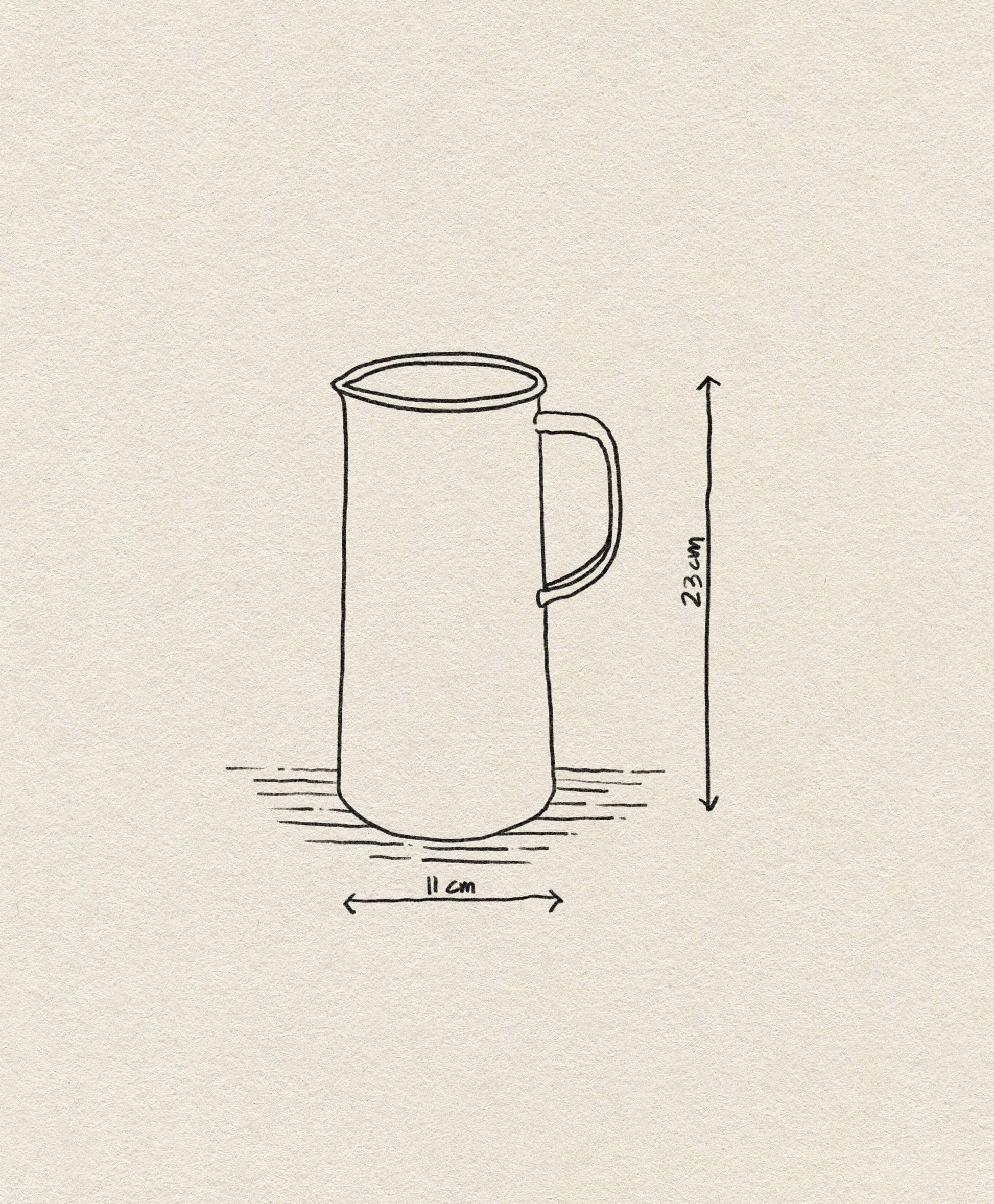 A simple line drawing of the Falcon Enamelware 3 Pint Jug, featuring a handle, measures 23 cm tall by 11 cm wide, with labeled arrows for height and diameter. The plain textured background showcases its classic Falcon Enamelware design.