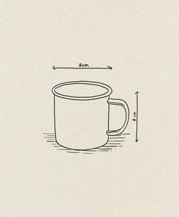 A simple line drawing of the Falcon Enamelware Mug by Falcon Enamelware, showing a handle and dimensions of 8 cm wide and 8 cm high. The background has a textured, off-white look for subtle vintage style.
